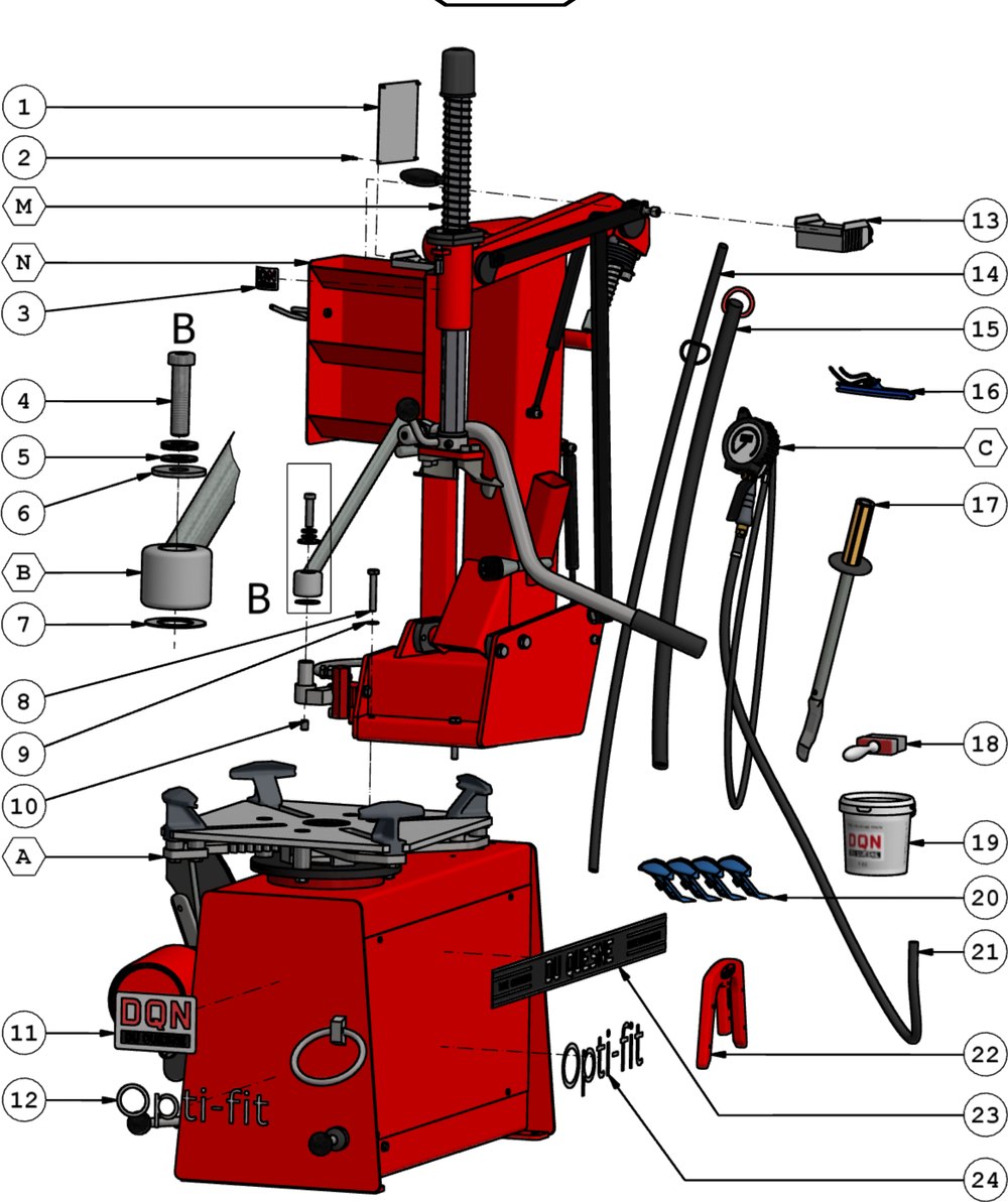 Exploded view of the Opti-Fit tyre changer